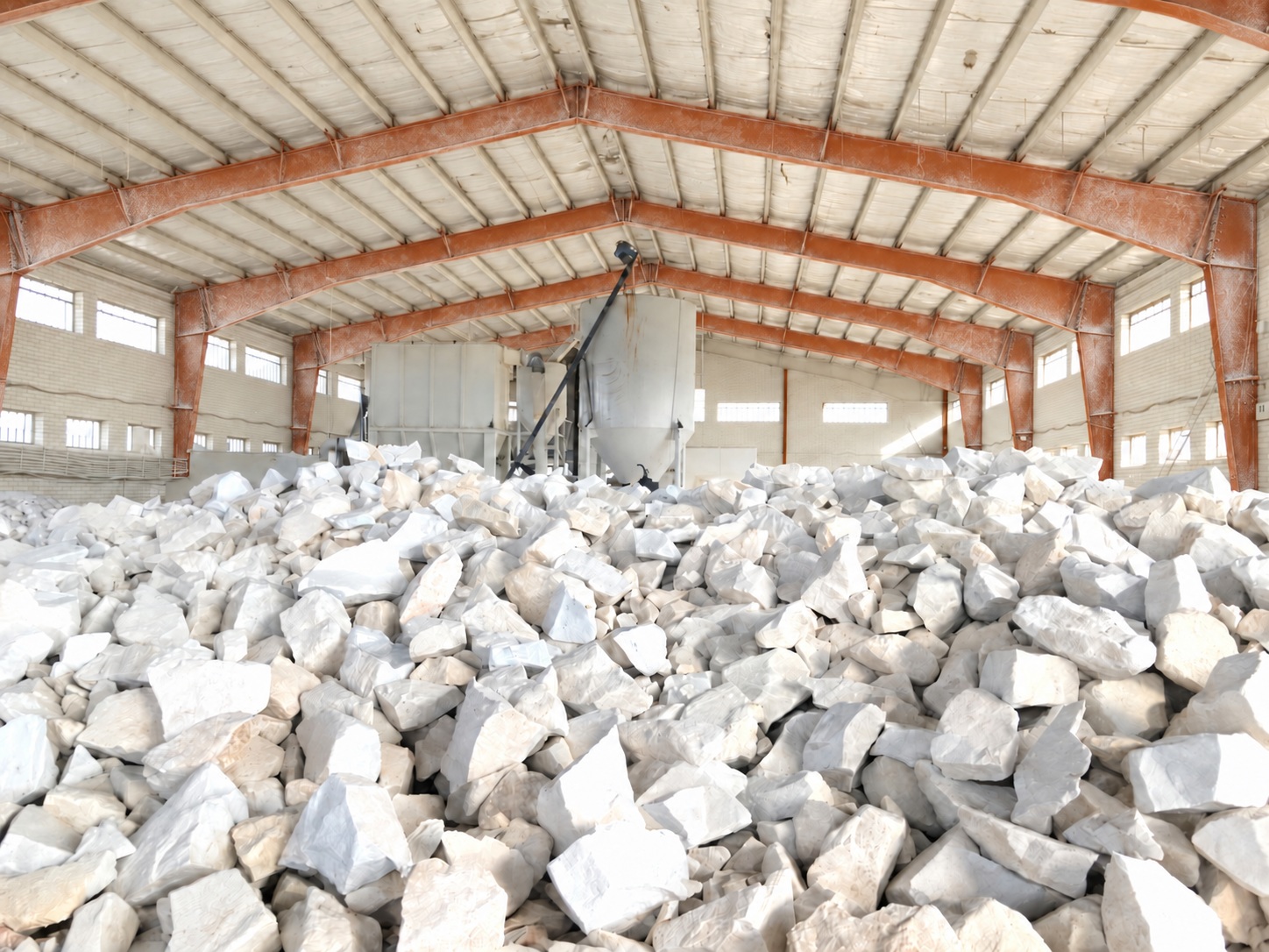 Stockpile of white calcium carbonate stone at the Sepoz facility